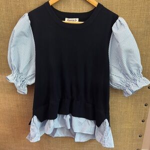 Navy twofer blue and White Striped Puff Sleeve Top